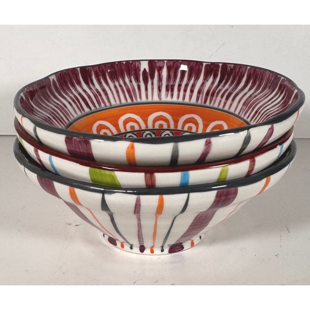 Anthropologie Set of 3 Hand Painted Stoneware Bowls Bohemian Floral Stripe 6in